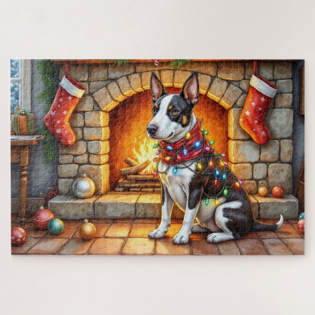 Quebra-cabeça Bull Terrier Fireplace with Christmas Lights (Horizontal)