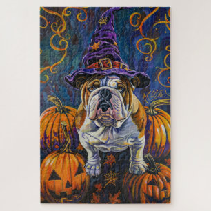 Quebra-cabeça Bulldog Assustador de Halloween Bruxa e Abóbora
