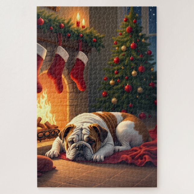 Quebra-cabeça Bulldog by the Fireplace Christmas Painting (Vertical)