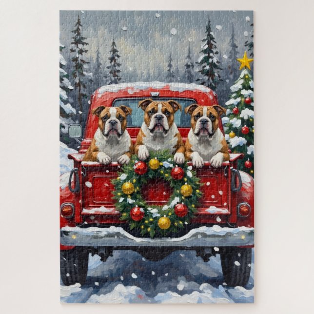 Quebra-cabeça Bulldog Christmas Red Truck Holiday (Vertical)