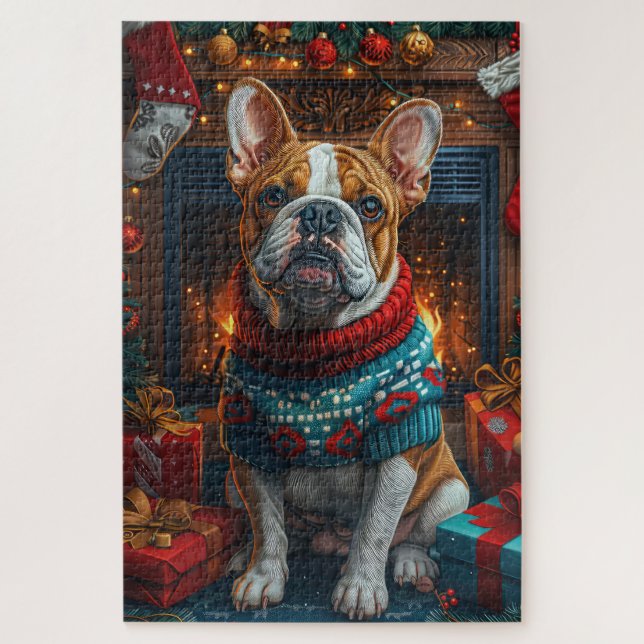 Quebra-cabeça Bulldog com Lareira de presentes de Natal (Vertical)