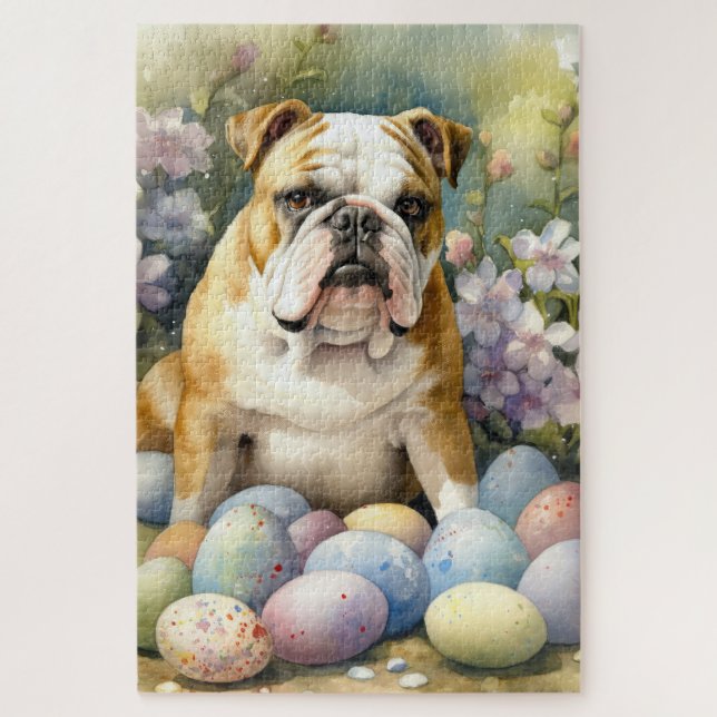 Quebra-cabeça Bulldog com Ovos de Páscoa Feriado (Vertical)