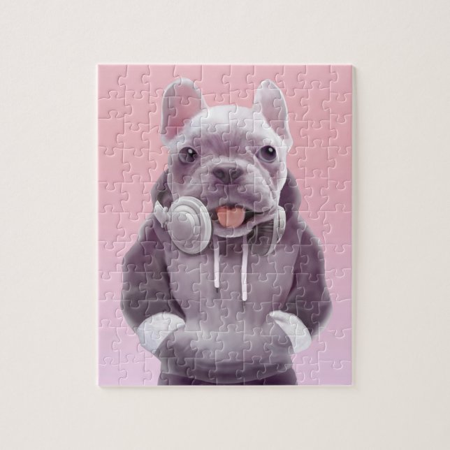 Quebra-cabeça Bulldog Francês com Ilustração de Fones de ouvido (Vertical)