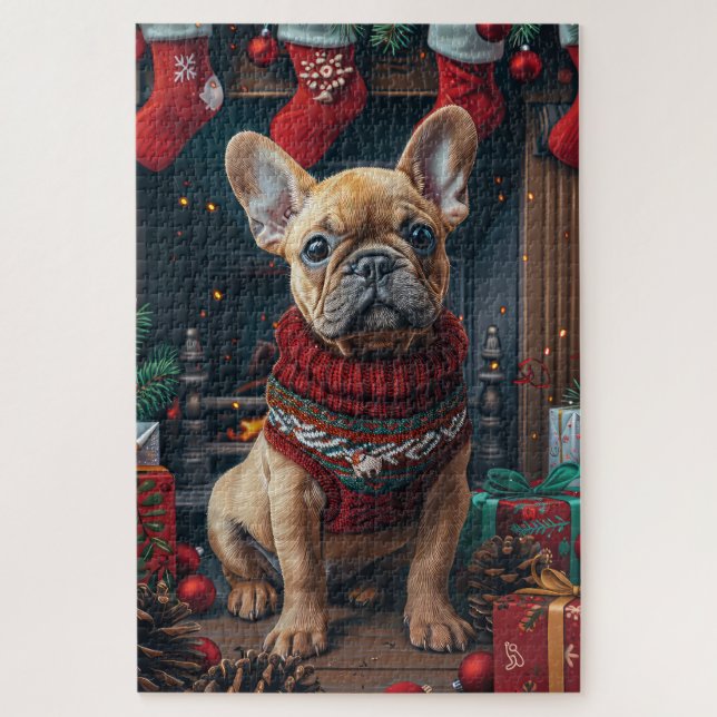 Quebra-cabeça Bulldog Francês com Lareira de presentes de Natal (Vertical)