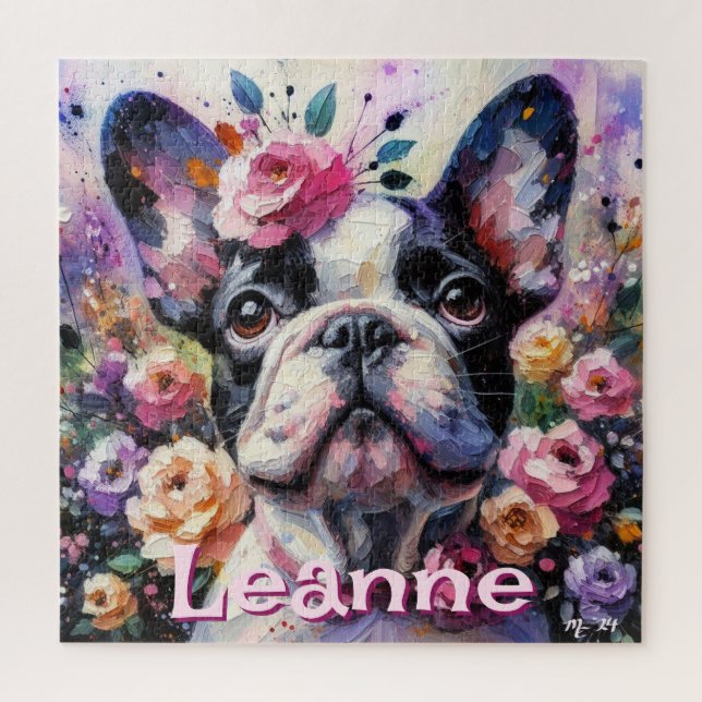 Quebra-cabeça Bulldog Francês com Rosas Floral Personalizado (Vertical)
