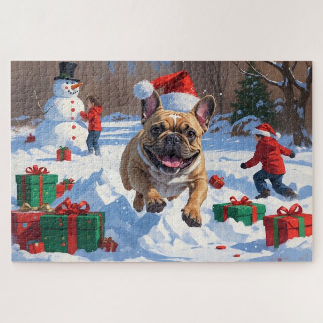 Quebra-cabeça Bulldog Francês Correndo na Neve com Chapéu de Nat (Horizontal)