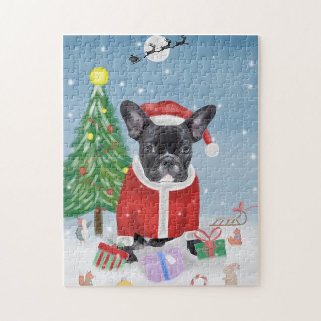 Quebra-cabeça Bulldog Francês em Neve com Presentes de Natal (Vertical)