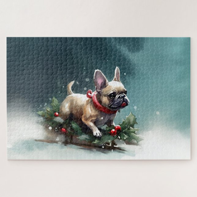 Quebra-cabeça Bulldog Francês Natal neve inverno (Horizontal)