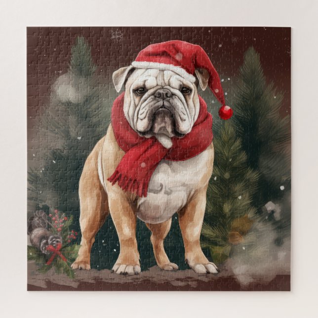 Quebra-cabeça Bulldog na Neve Natal (Vertical)