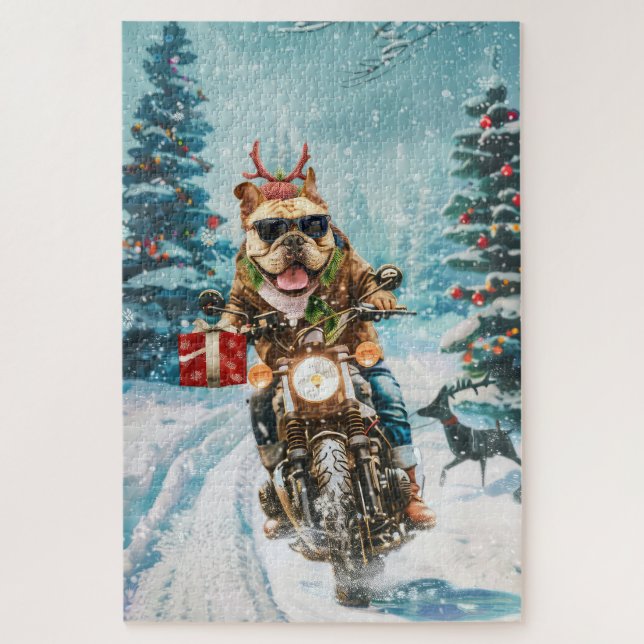 Quebra-cabeça Bulldog Pilotando Moto Natal (Vertical)