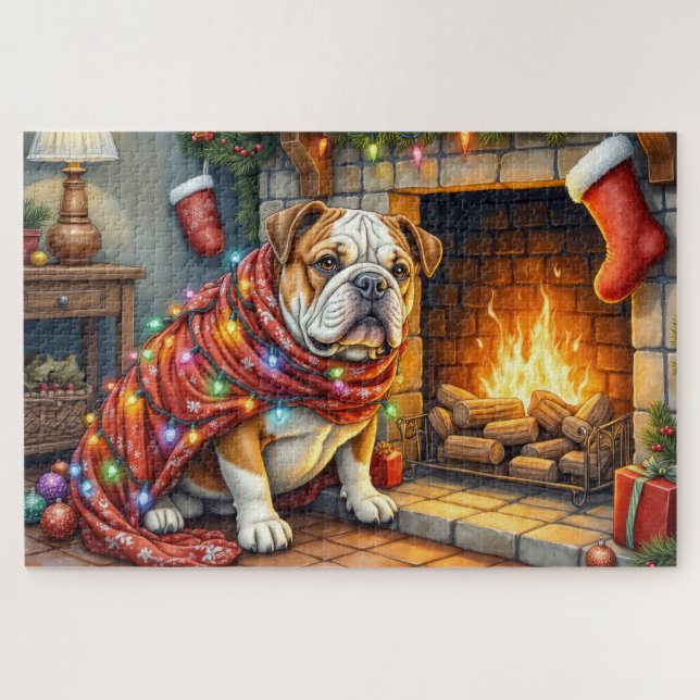 Quebra-cabeça Bulldog Sitting by Fireplace with Christmas Lights (Horizontal)