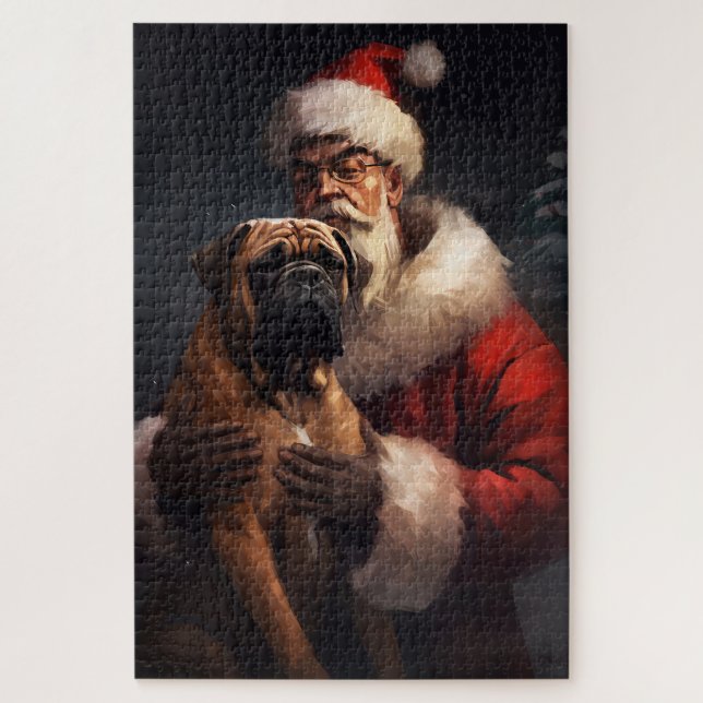Quebra-cabeça Bullmastiff Com Papai Noel Natal Festivo (Vertical)