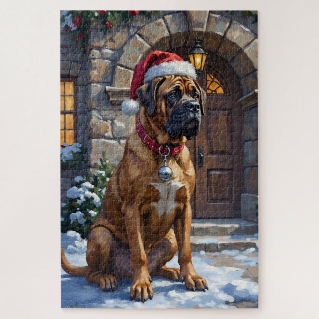 Quebra-cabeça Bullmastiff Dog Guardian of Christmas Manor Art (Vertical)