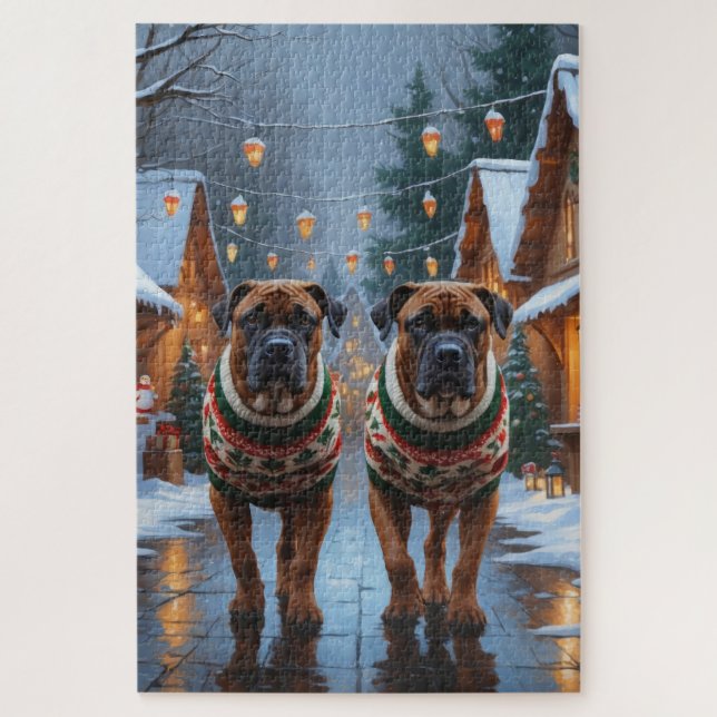 Quebra-cabeça Bullmastiff Dogs Christmas Snow Holiday  (Vertical)