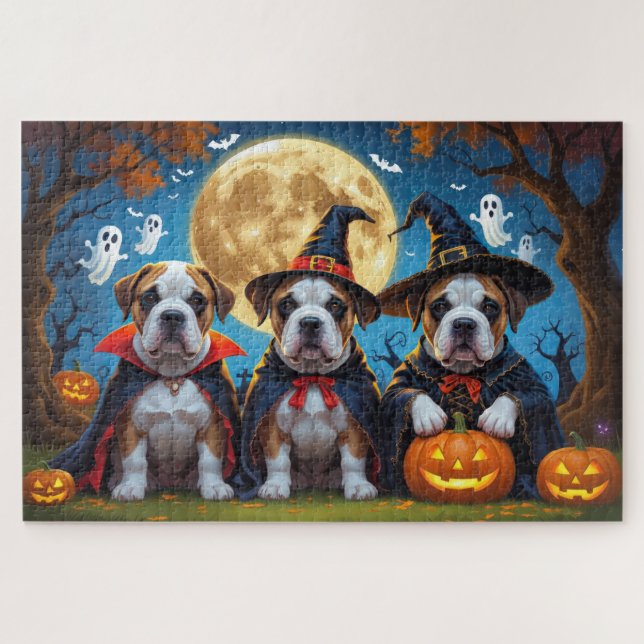 Quebra-cabeça Bullmastiff Dogs Pumpkin Halloween Engraçado (Horizontal)