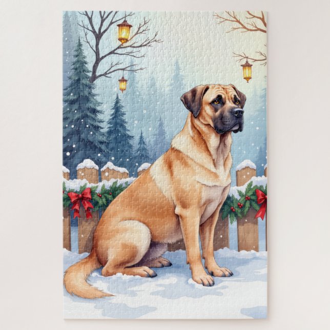 Quebra-cabeça Bullmastiff Winter Forest Holly Christmas Art (Vertical)