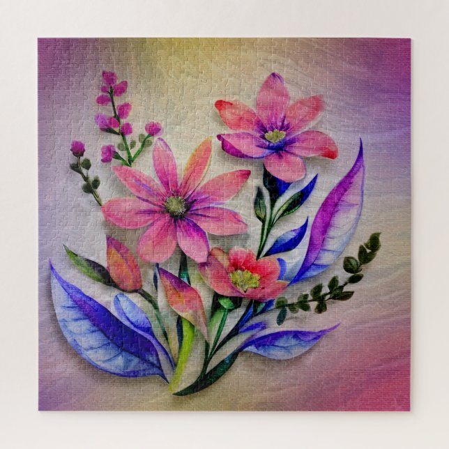 Quebra-cabeça Buquê de Flores Aquarela, Fundo Colorido    (Vertical)
