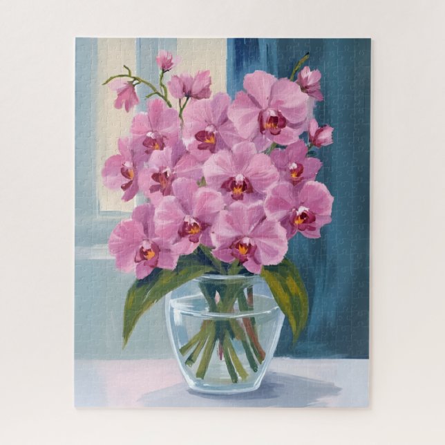 Quebra-cabeça Buquê de Flores de Orquídea Rosa Aquarela (Vertical)