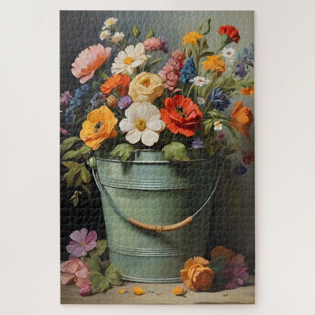 Quebra-cabeça Buquê de flores de verão pintadas em um balde verd (Vertical)