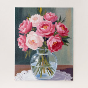 Quebra-cabeça Buquê de Peônia Floral em Vaso de Flores Rosa Aq