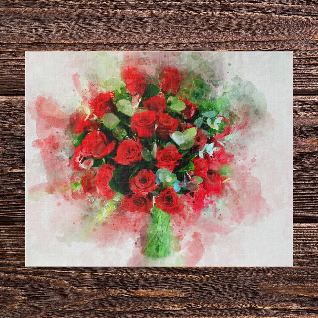 Quebra-cabeça Buquê de Rosas Vermelhas Aquarela em Fundo Branco (Red Roses Bouquet Watercolor on White Background. Jigsaw Puzzle)
