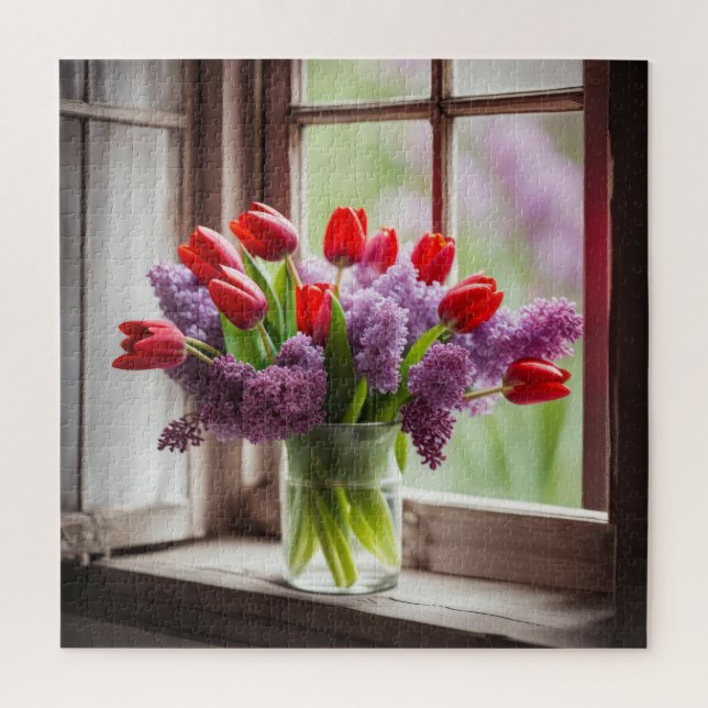 Quebra-cabeça Buquê de Tulipa Vermelha e Lilás (Vertical)