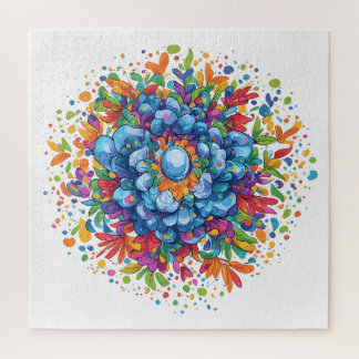 Quebra-cabeça Buquê Floral Azul Vibrante em Aquarela