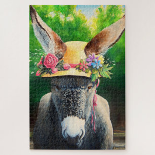 Quebra-cabeça Burro/burro padrão em chapéu de Rosa/margarida