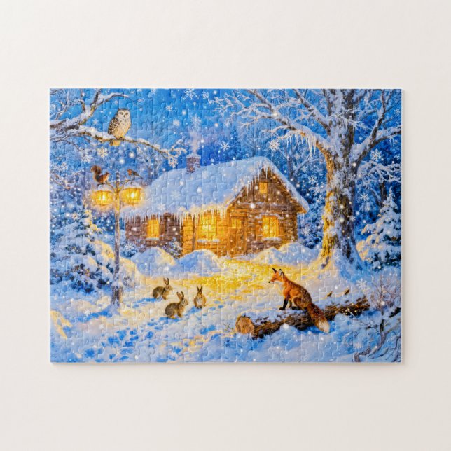 Quebra-cabeça Cabana de Floresta de Inverno com Animais da Flore (Horizontal)