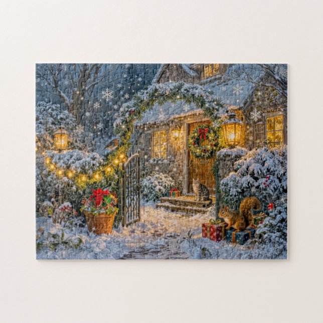 Quebra-cabeça Cabana de Inverno com Esquilo, Gato e Pintassilgo  (Horizontal)