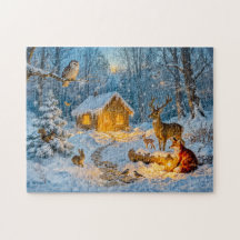Cabana de Inverno na Floresta com Veado, Raposa e 