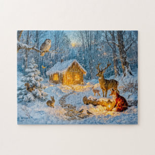 Quebra-cabeça Cabana de Inverno na Floresta com Veado, Raposa e