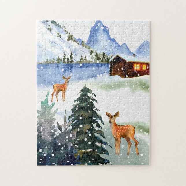 Quebra-cabeça Cabana de montanha de inverno com cervos Puzzle (Vertical)