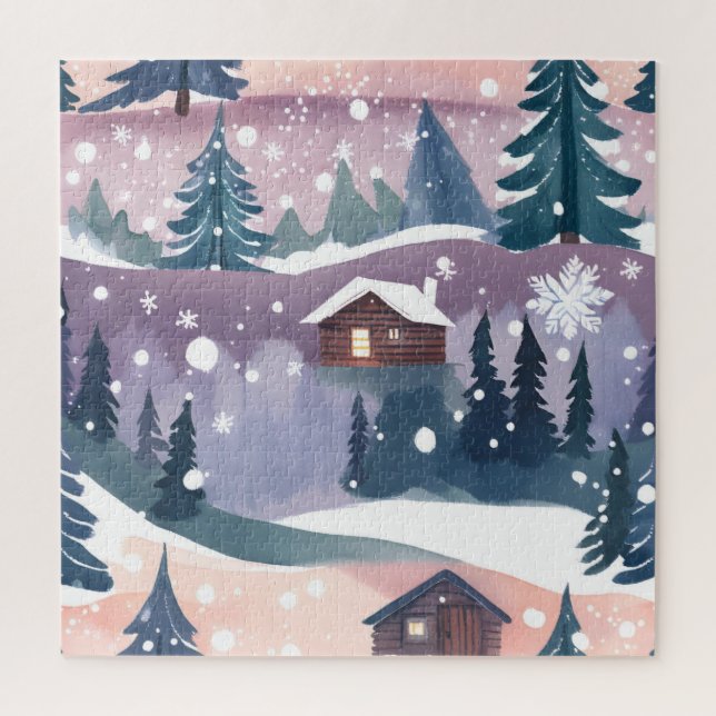 Quebra-cabeça Cabana na Montanha Nevada Aquarela (Vertical)