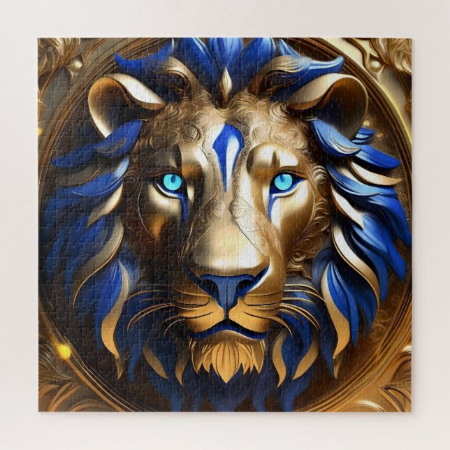 Quebra-cabeça Cabeça de Leão Azul e Dourada, (Vertical)