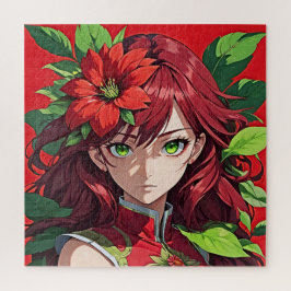 Quebra-cabeça Cabelo Vermelho Vibrante e Retrato de Flor