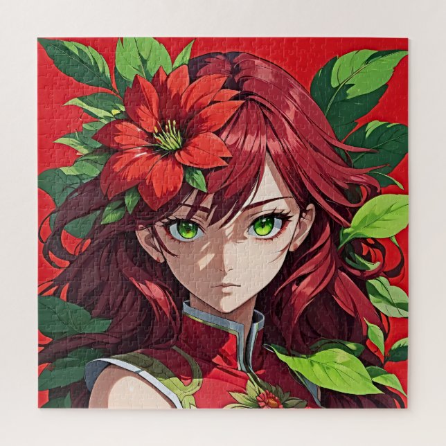 Quebra-cabeça Cabelo Vermelho Vibrante e Retrato de Flor (Vertical)