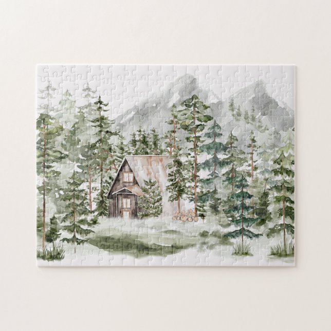 Quebra-cabeça Cabina de Aquarela na Floresta de Pinheiros Verdes (Horizontal)
