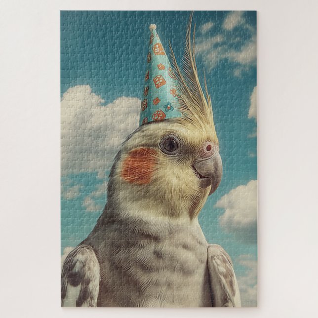 Quebra-cabeça Cacatua com Chapéu de Aniversário Contra o Céu Azu (Vertical)