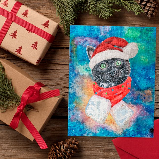 Quebra-cabeça Cachecol de Natal de Gato Preto Aquarela Natal (Criador carregado)