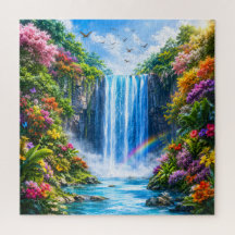 Cachoeira Mágica com Arco-íris e Flor Colorida