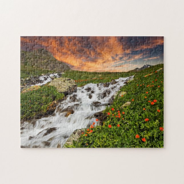 Quebra-cabeça Cachoeira nas montanhas com flores (Horizontal)