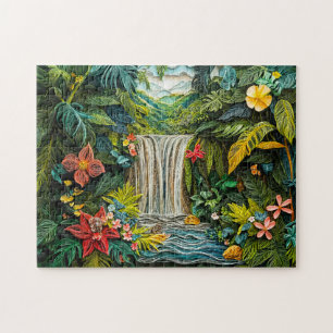 Quebra-cabeça Cachoeira Tropical em Vibrante Estilo de Quilling