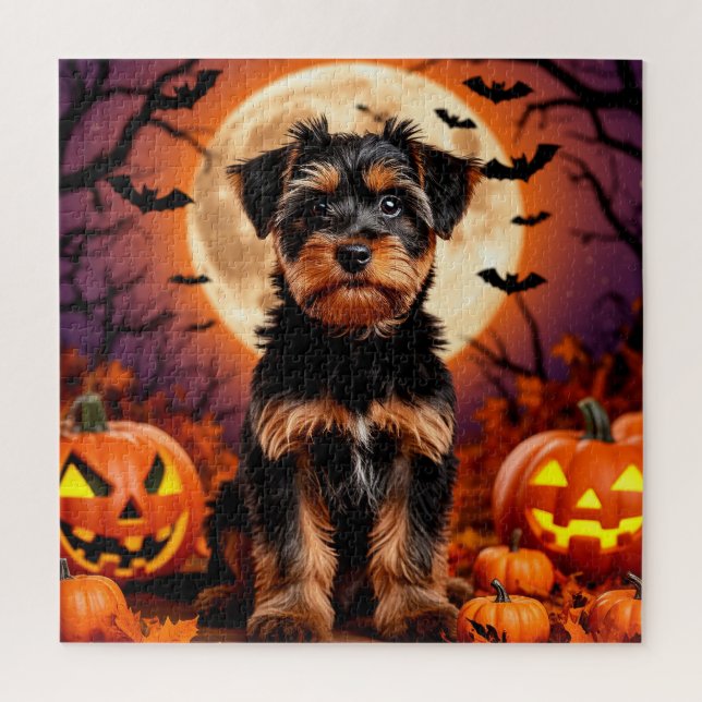 Quebra-cabeça Cachorrinho Adorável com Fundo de Halloween (Vertical)