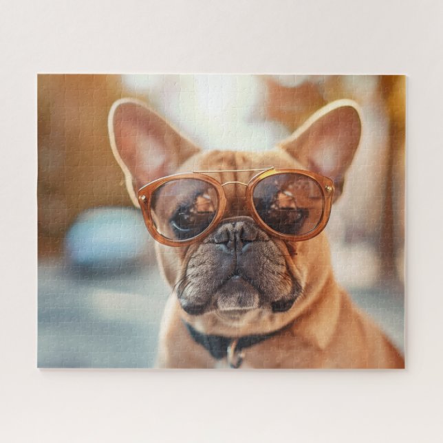 Quebra-cabeça cachorrinho giro e engraçado com óculos (Horizontal)