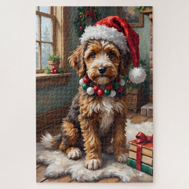 Quebra-cabeça Cachorro Adorável Bernedoodle com Chapéu de Natal  (Vertical)