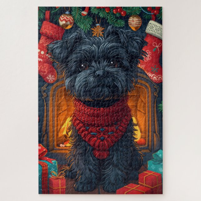 Quebra-cabeça Cachorro Affenpinscher com Presentes de Natal na L (Vertical)
