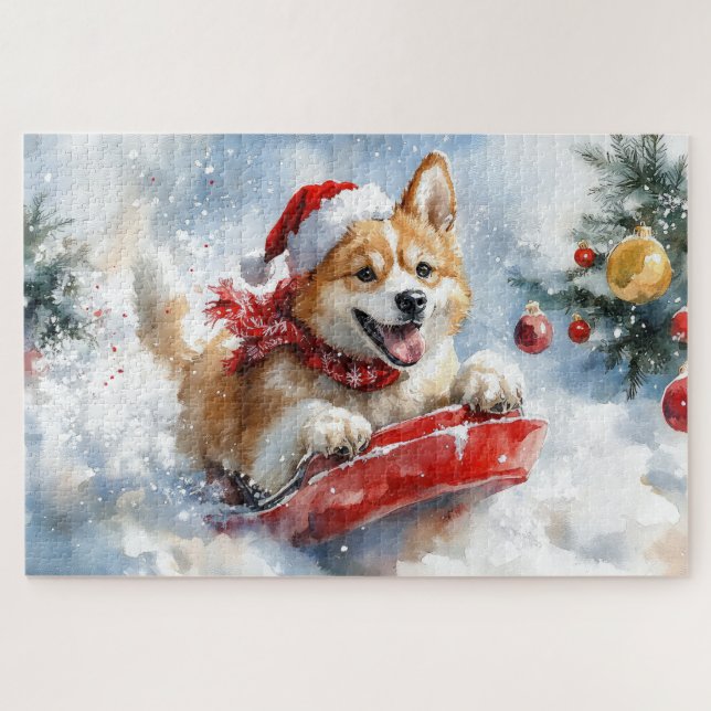 Quebra-cabeça Cachorro Akita em Trenó Deixe Nevar Natal (Horizontal)