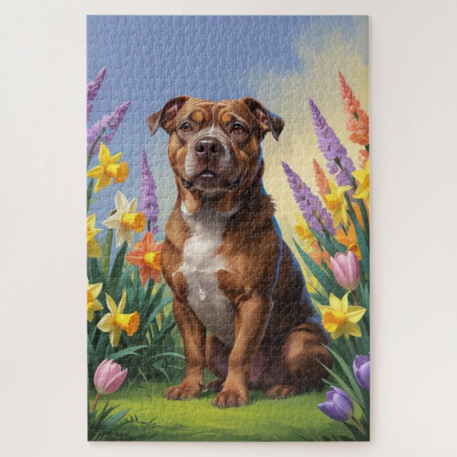 Quebra-cabeça Cachorro American Staffordshire Flores de Primaver (Vertical)