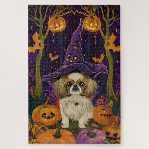Quebra-cabeça Cachorro Assustador Pekingese Bruxa de Halloween e